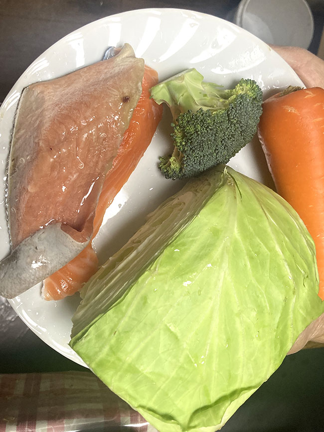 鮭、キャベツ、ニンジン、ブロッコリー